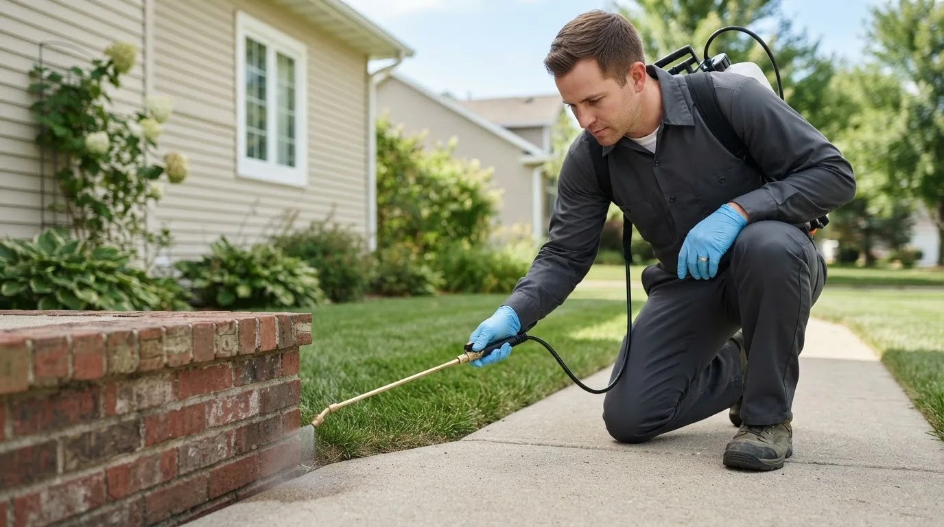 Pest control technician treating a home near Constantine, MI