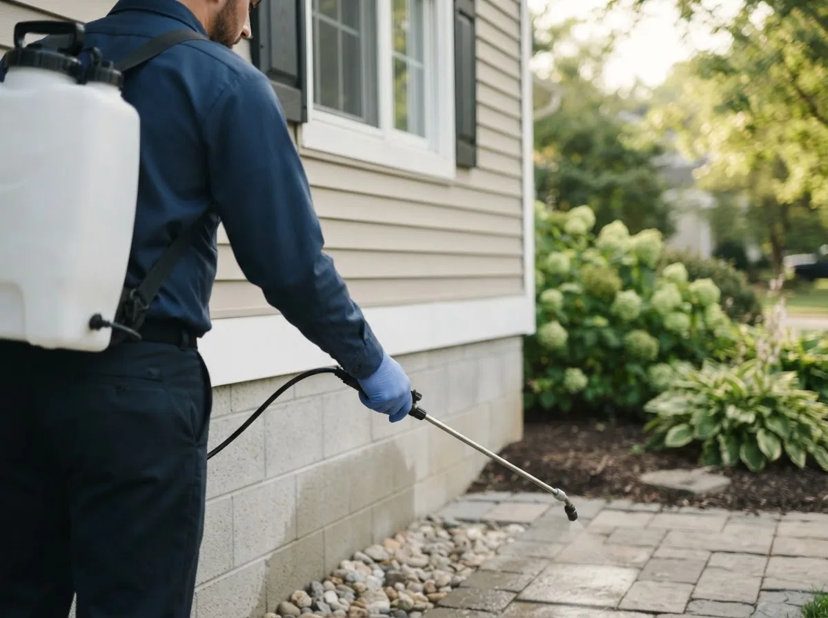 Pest control technician inspecting a home in Constantine, MI